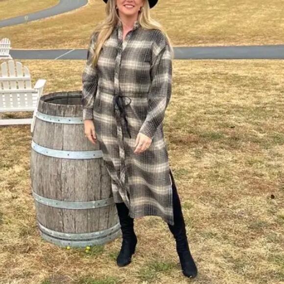 Joie Gray Plaid Blouson Shirt Dress MEDIUM Flannel Cotton Western Designer $300 - Picture 6 of 13